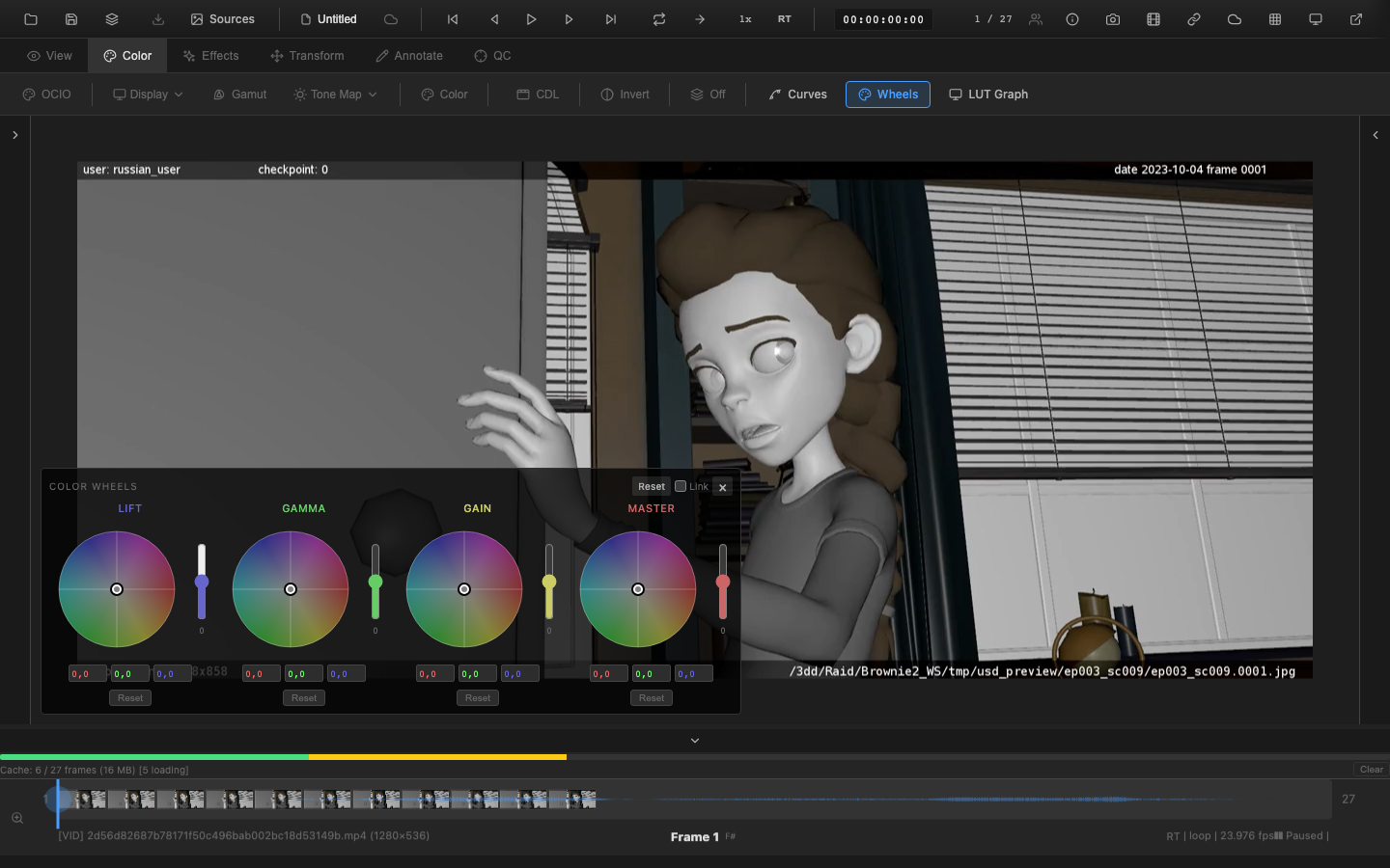 OpenRV Web with color wheels, video playback, and timeline