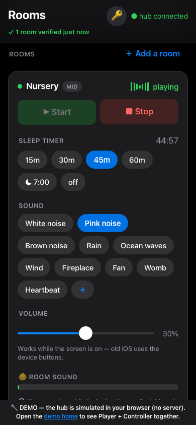 A room card in dark mode with the loudness meter