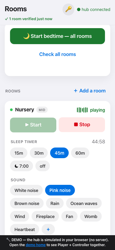 Controller: one-tap bedtime, rooms, sound library and sleep timer