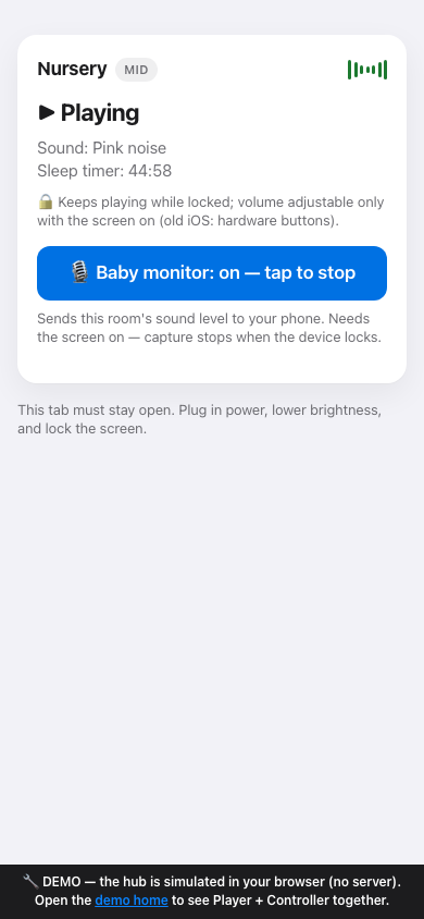 Speaker armed and connected, baby monitor on