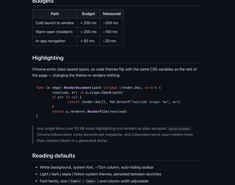 The same document in the dark theme, scrolled to a syntax-highlighted Go function and a blockquote, on a near-black background.