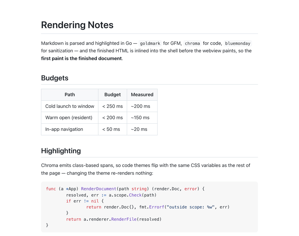 A markdown document open in MDv: an H1, body prose, a GFM table and a syntax-highlighted Go code block on a white background with no visible window chrome.