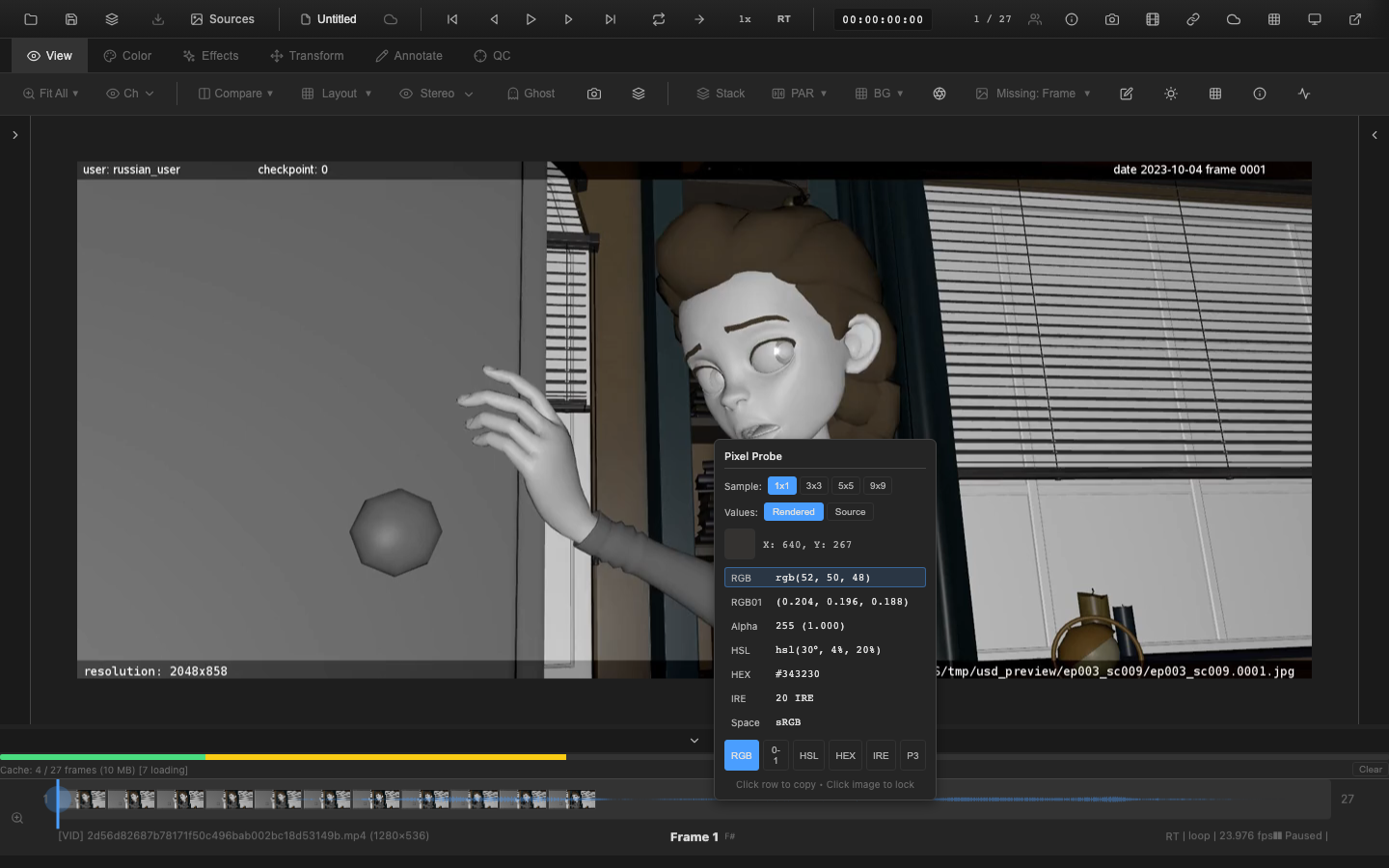 Pixel probe overlay showing color values