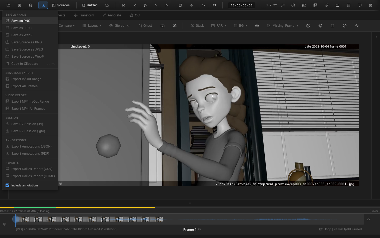 Frame export dialog with format options
