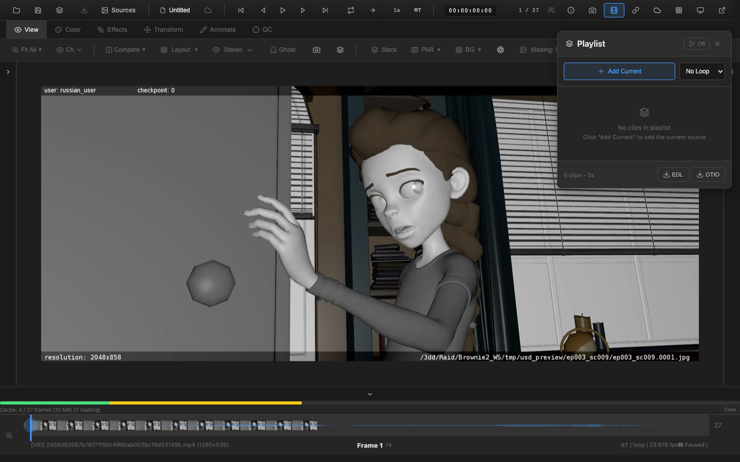 Playlist panel with multiple clips