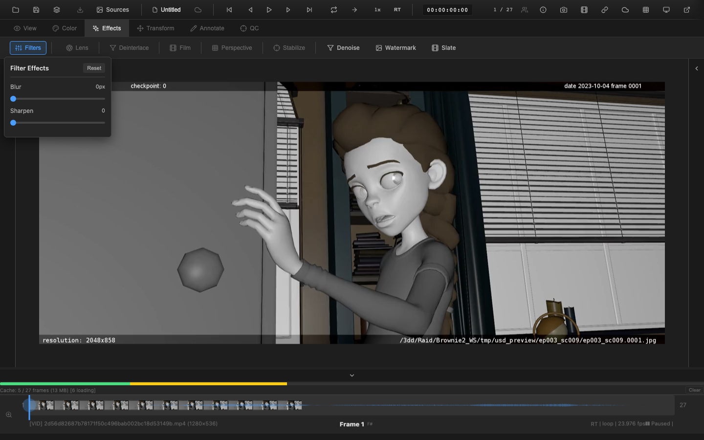 Filters panel with noise reduction and sharpen controls