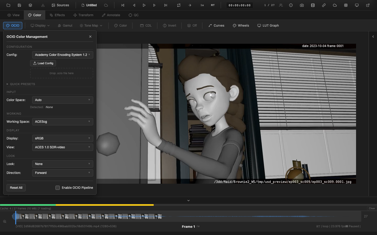 OCIO panel with color space configuration